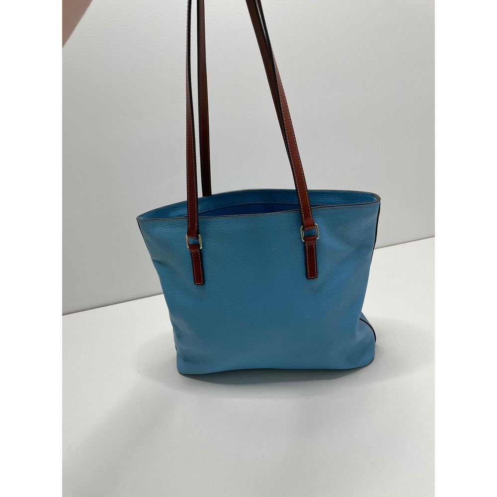 Dooney & Bourke Turquoise Pebbled Leather Tote Bag Brown Trim Blue Shoulder Bag - Picture 5 of 16
